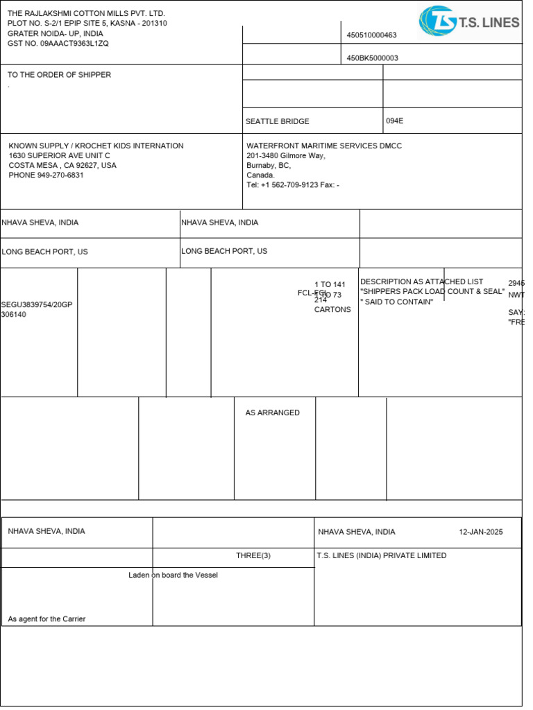 Bill of Lading for Shipping Cargo | PDF | Bill Of Lading | Cargo