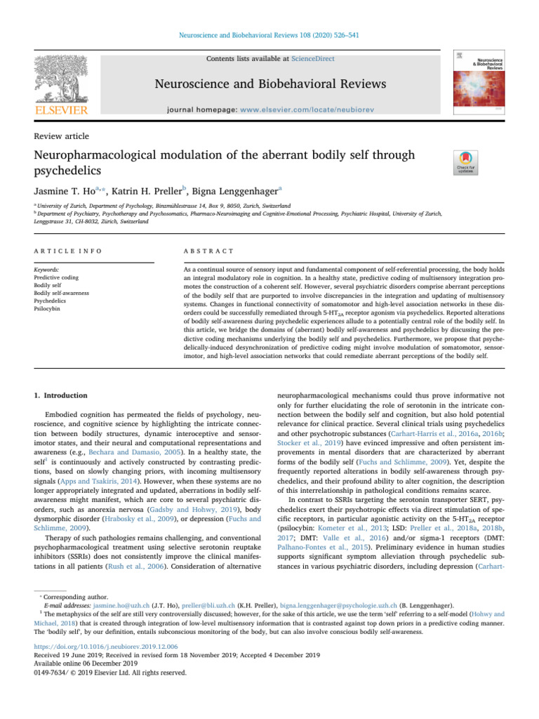 Ho 2020 - Psychedelics Bodily Self | PDF | Insular Cortex | Self