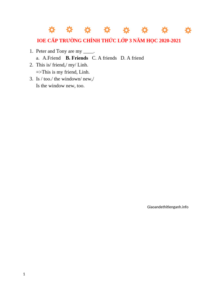 Đề Thi IOE Lớp 3 Cấp Trường 2020-2021 | PDF | Stationery