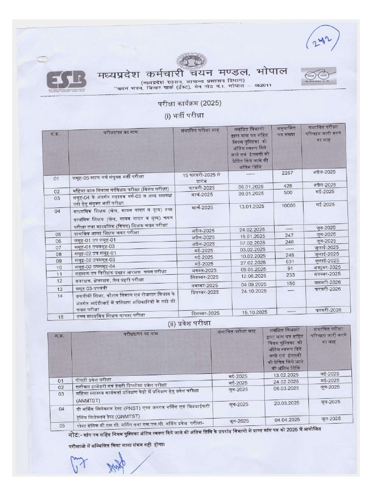 MP PRT TGT PGT Exam Calender 2025 | PDF