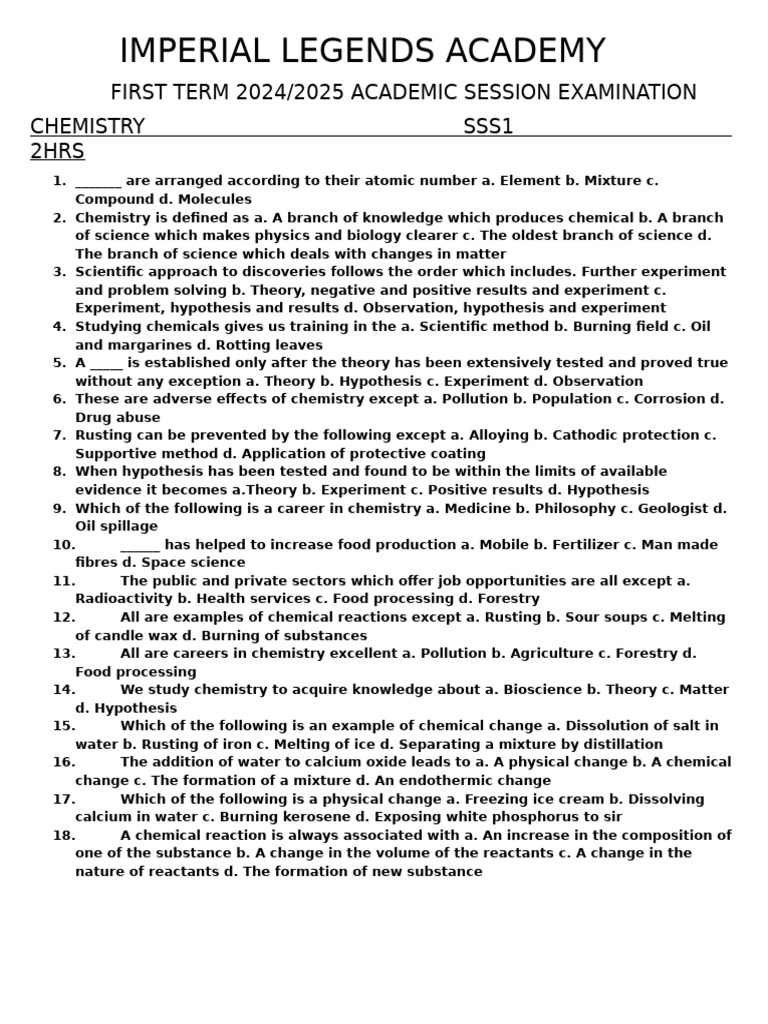 Chemistry Exam Questions for SSS1 2024 | PDF | Chemical Substances ...