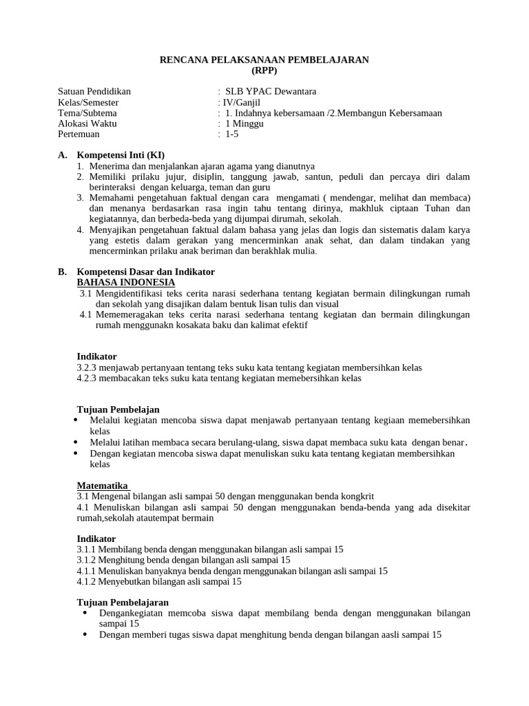 RPP SLB Kelas IV: Kebersamaan dan Belajar | PDF