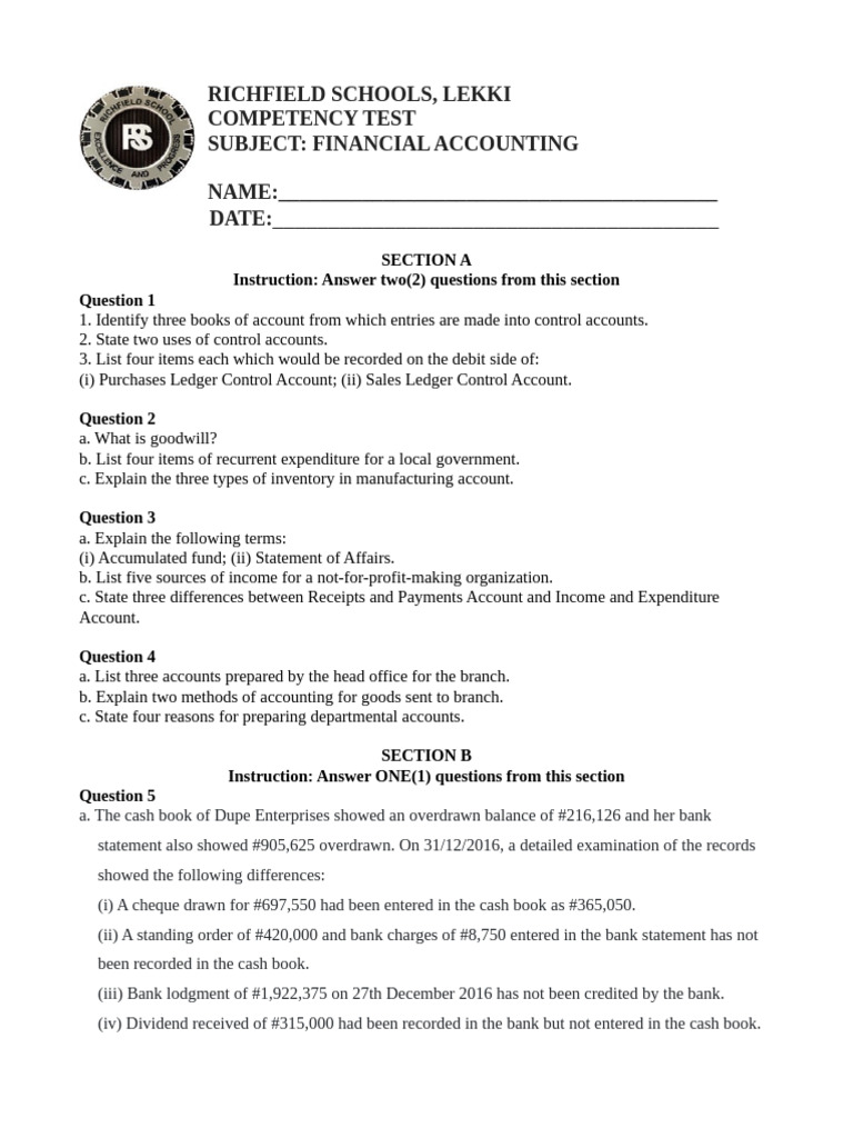 Financial Accounting Competency Test | PDF | Banks | Cheque