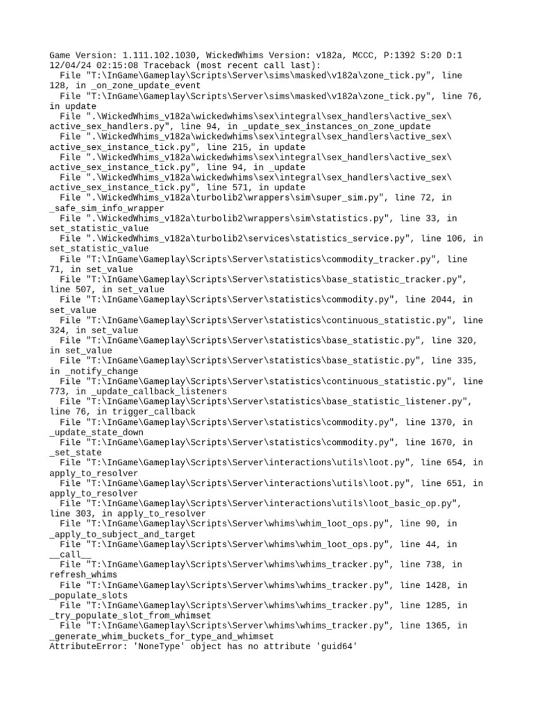 WickedWhims Error Log Analysis | PDF | Computing | Software