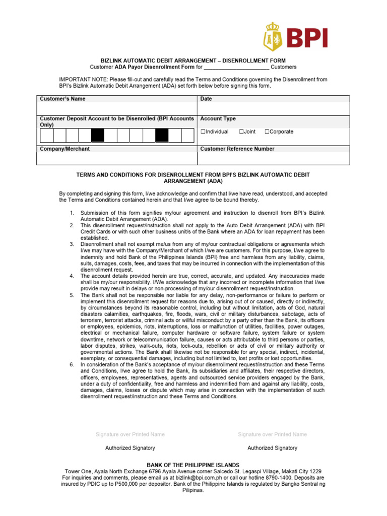 BPI Bizlink ADA Disenrollment Form | PDF | Debit Card | Business