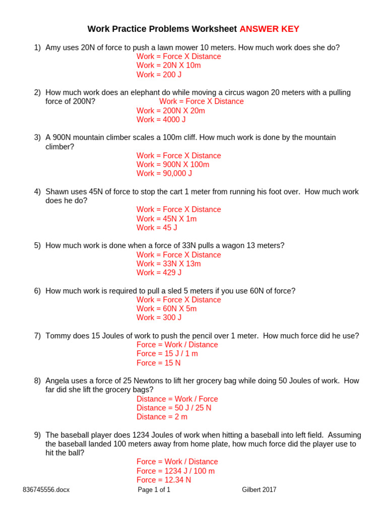 Work Problems and Solutions Key | PDF | Force | Physics