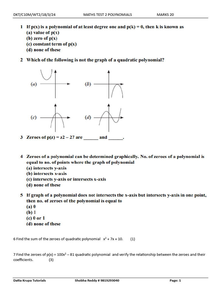 C10 MATHS TEST 2 POLYNOMIALS 18th March 24 | PDF