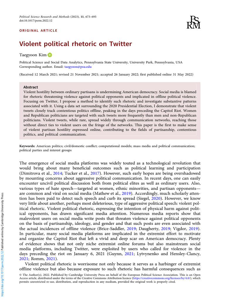 Violent Political Rhetoric On Twitter | PDF | Violence | Aggression