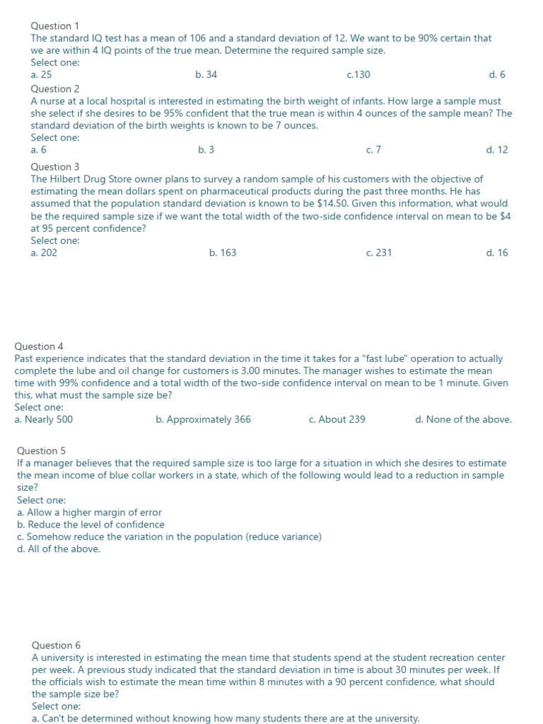 Statistics Sample Size Exercises | PDF | Standard Deviation | Sample ...