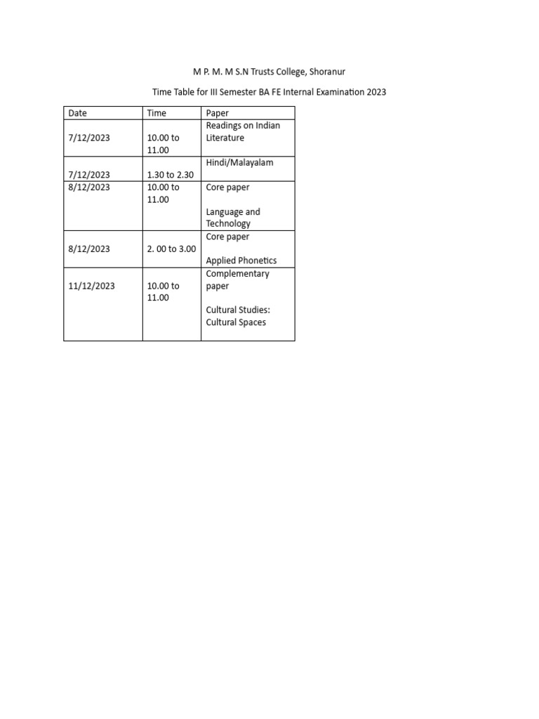 BA FE Internal Exam Schedule | PDF