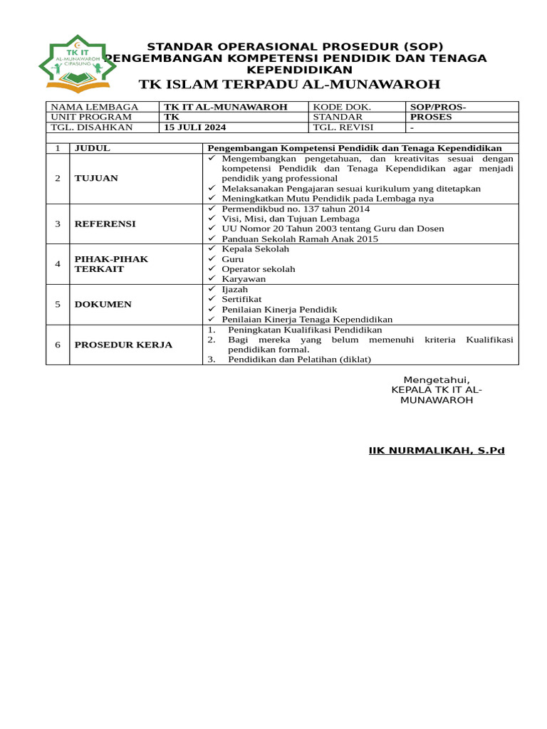 Sop Pengembangan Kompetensi Pendidik Dan Tenaga Kependidikan | PDF