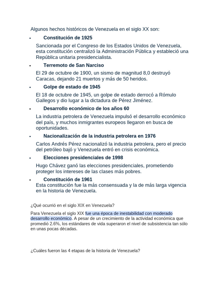 Algunos Hechos Históricos de Venezuela en El Siglo XX Son | PDF ...