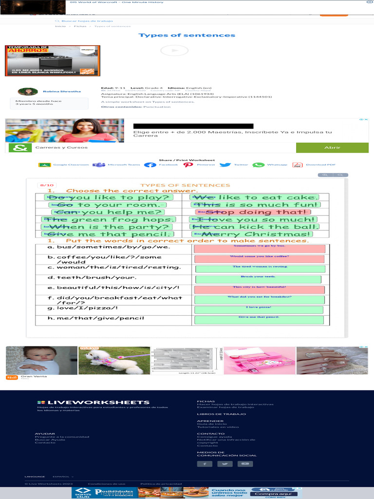 Types of Sentences Interactive Activity Live Wo | PDF