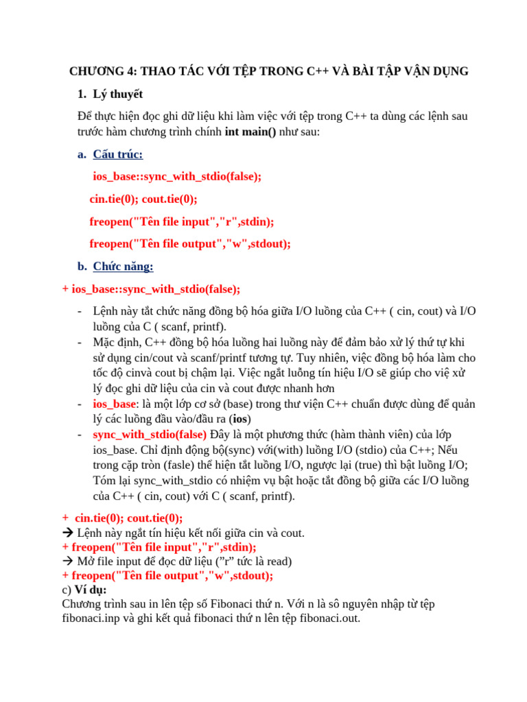 CHƯƠNG 4 THAO TÁC VỚI TỆP TRONG C++ VÀ VÍ DỤ ÁP DỤNG | PDF