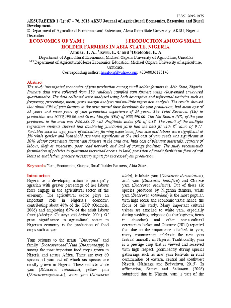 Economics of Yam Production in Abia | PDF