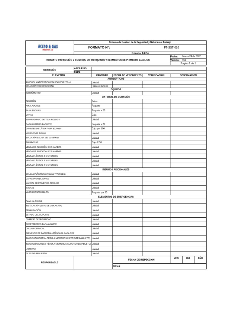 FT-SST-016 Formato Inspección y Control de B Y PA | PDF