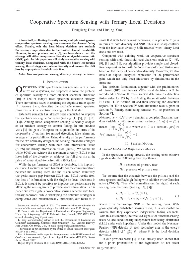 Ternary Decisions in Spectrum Sensing | PDF | Signal To Noise Ratio ...