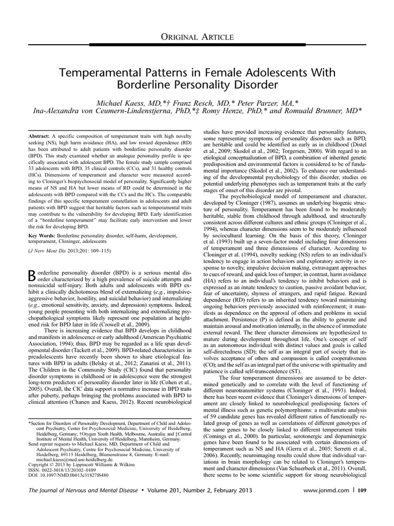Temperamental Patterns in Female Adolescents With.7 | PDF | Borderline ...
