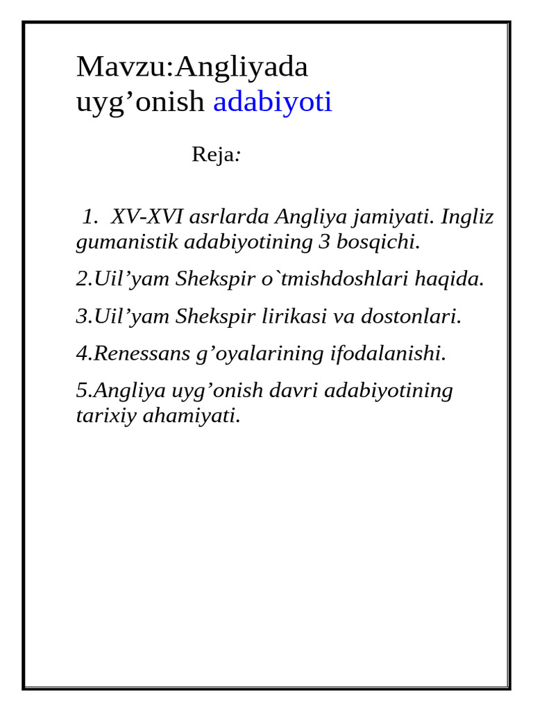 Angliya Adabiyoti | PDF