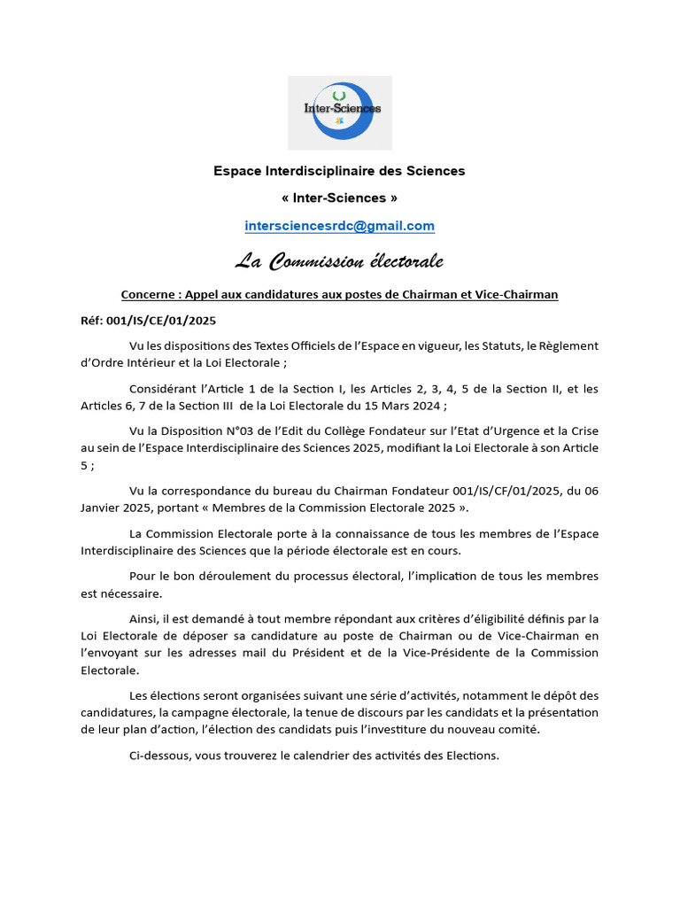 Appel à candidatures pour élections 2025 | PDF | Élections | Gouvernement