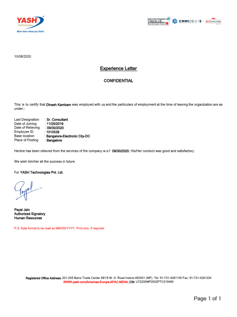 Yash Technologies PVT Ltd..... Experience Letter | PDF