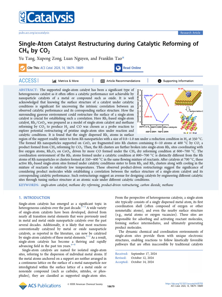 Single-Atom Catalyst Restructuring in CH4 Reforming | PDF | Catalysis ...