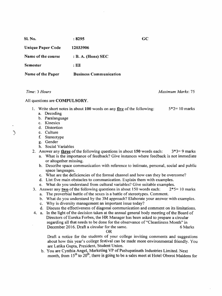 B.A. (Hons) Iii Business Communication Sec 8295 | PDF