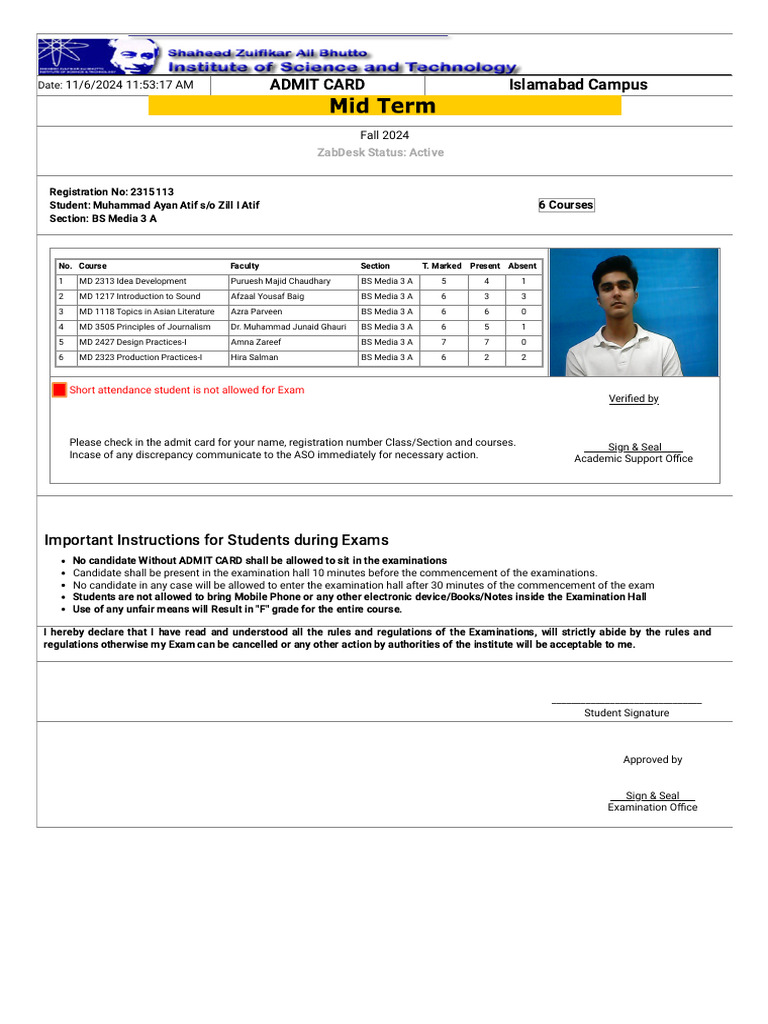 Final SZABIST Admit Card Fall2024 | PDF