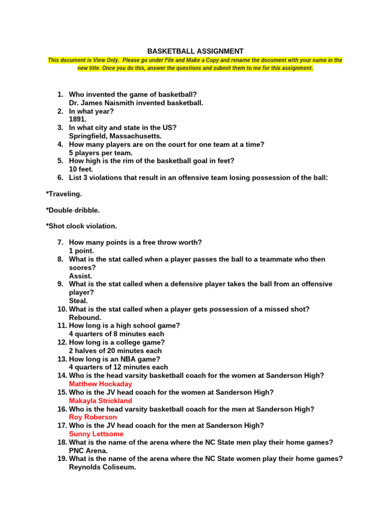 Basketball Assignment Overview and Questions | PDF | North Carolina Tar ...