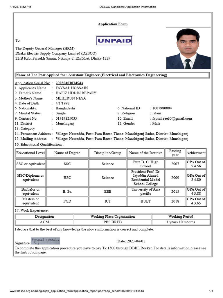 DESCO Assistant Engineer Application Form | PDF | Engineering