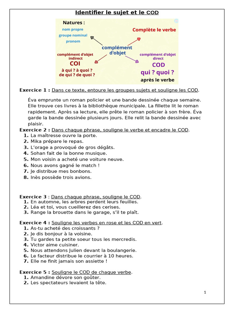 Exercices sur le COD en français | PDF