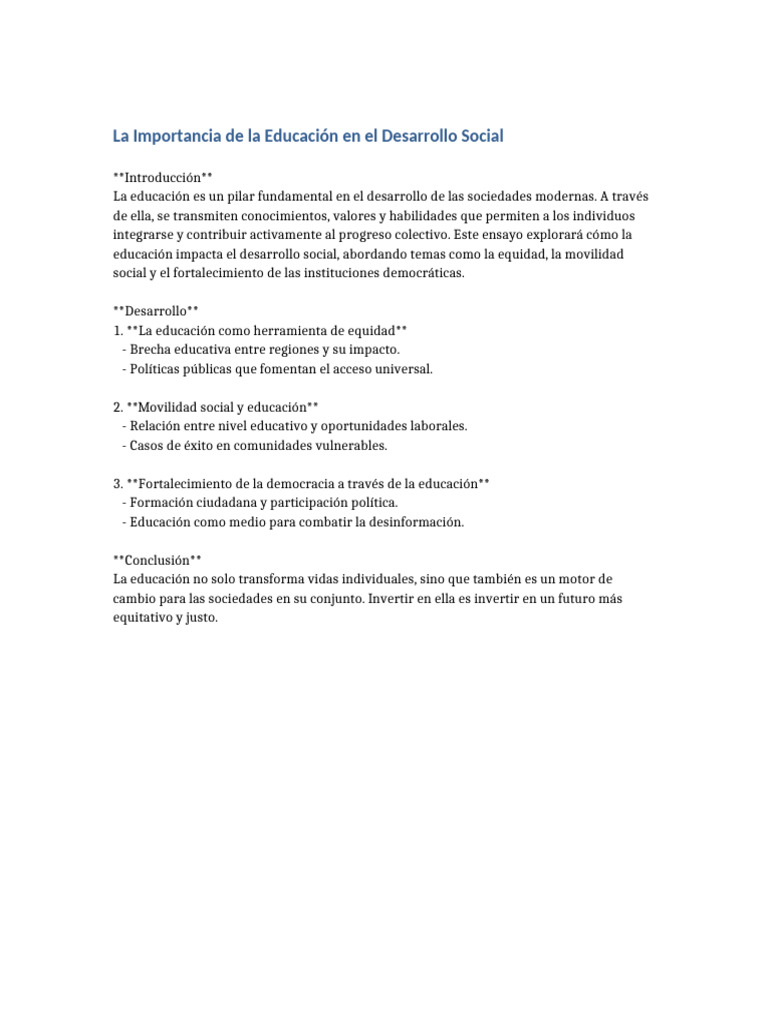 Ensayo 1 La Importancia de La Educación en El Desarrollo Social | PDF