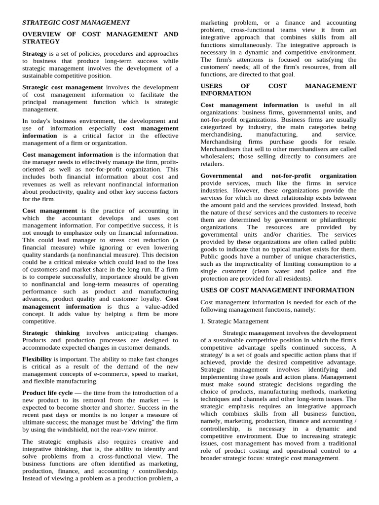 STRATEGIC COST MANAGEMENT - Chap 1 & 2 | PDF | Management Accounting ...