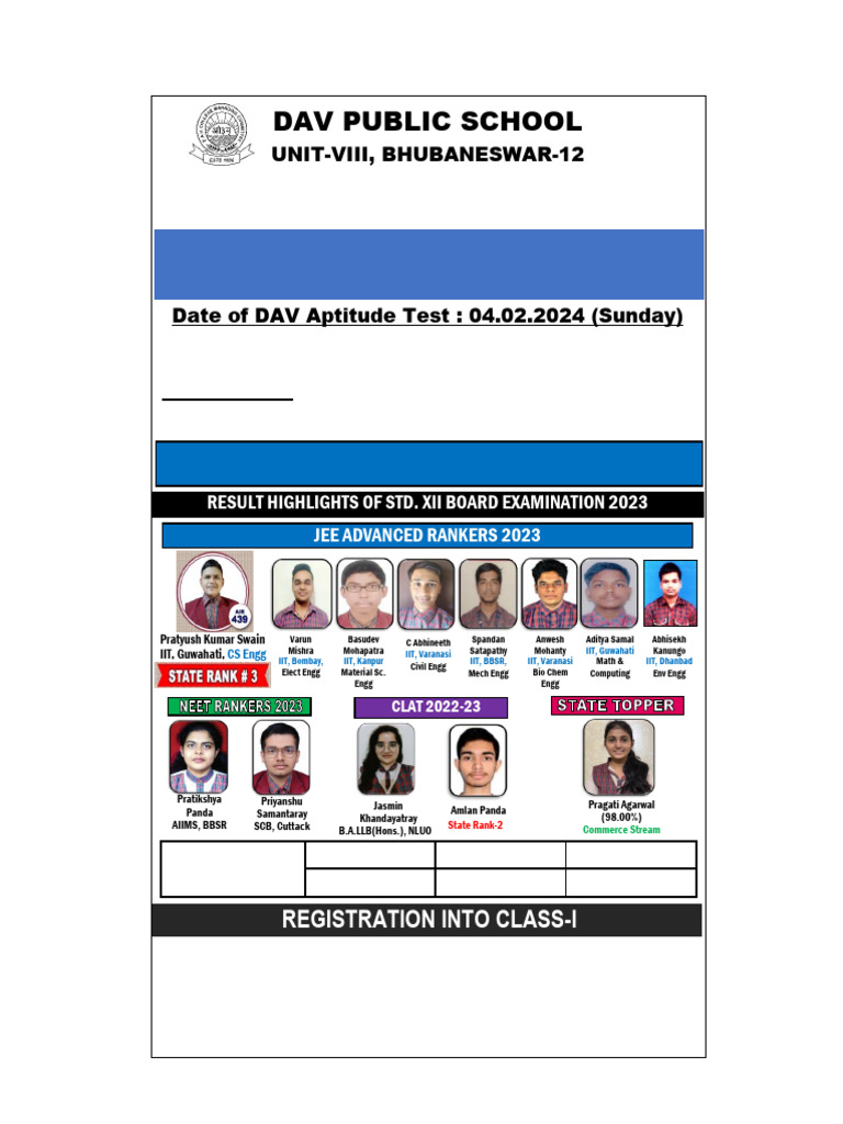 FU4 - Advertisement For Class XI DAV Aptitude Test Registration Into ...