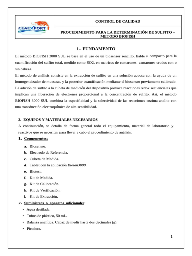 Método BIOFISH 3000 para Sulfitos | PDF | Aplicación movil | Biosensor
