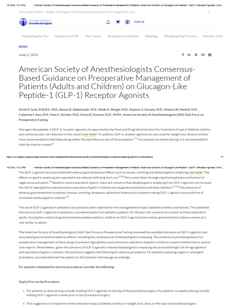 2024 asa guidance glp-1 receptor agonists perioperative RA roundup Anesthetic Considerations for Patients Taking