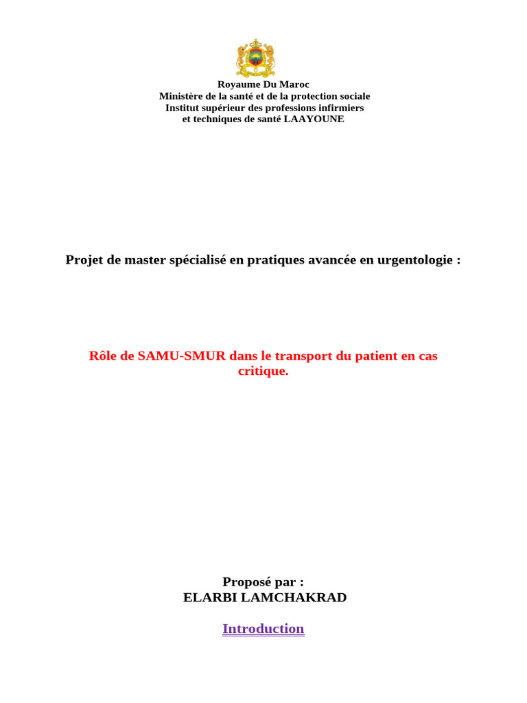 Rôle du SAMU-SMUR dans le transport urgent | PDF | Médecine de soins ...