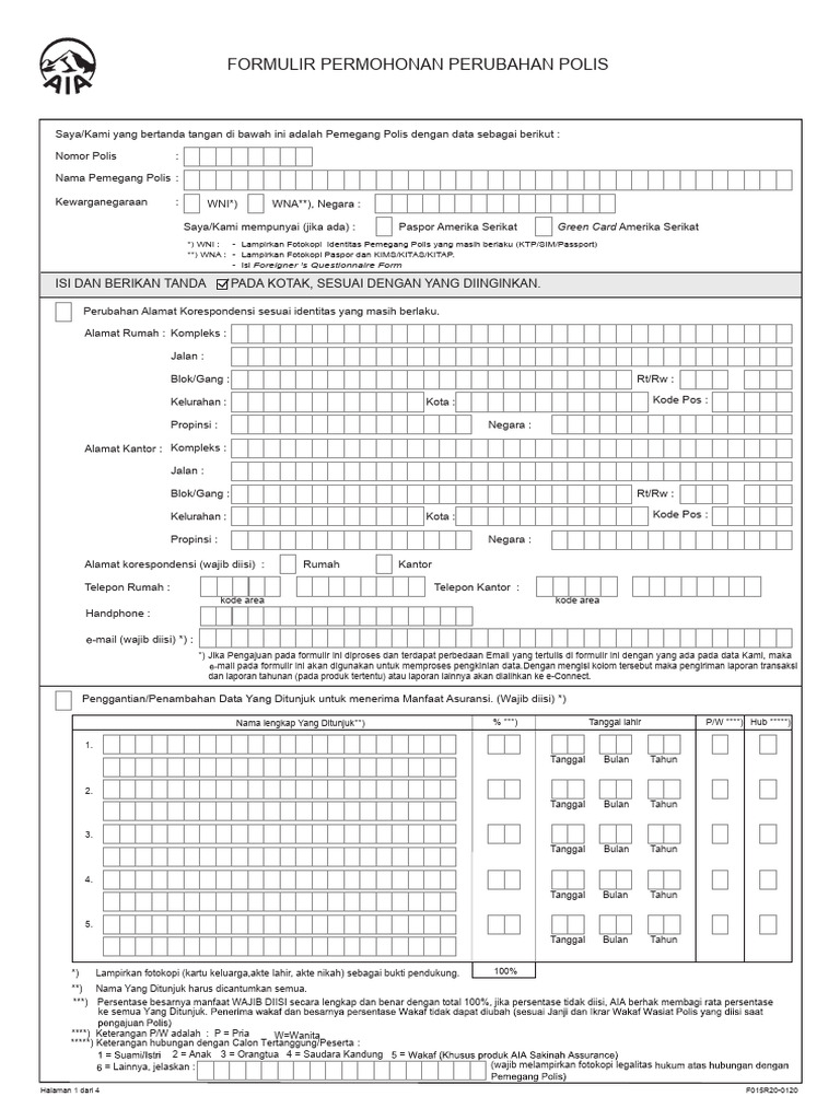 Formulir Permohonan Perubahan Polis 0120 | PDF