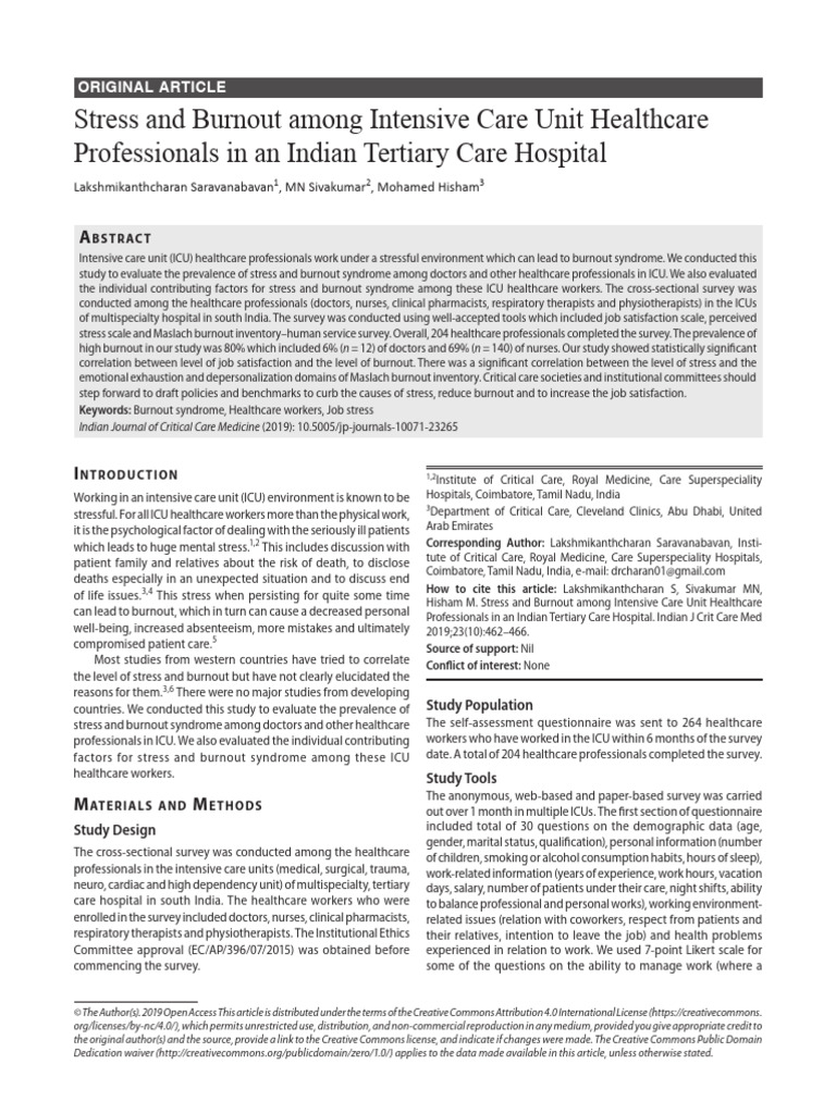 Stress and Burnout Among Intensive Care Unit Healthcare Professionals ...