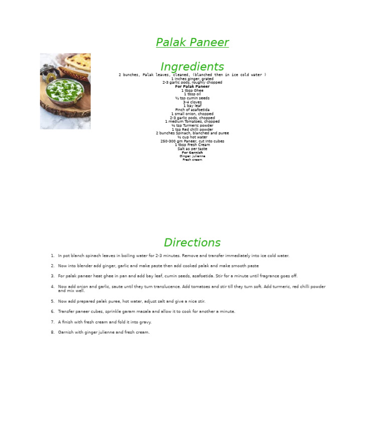 Authentic Palak Paneer Recipe | PDF