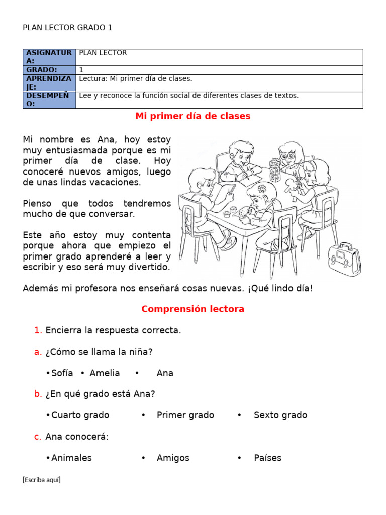 Plan Lector Grado 1 | PDF