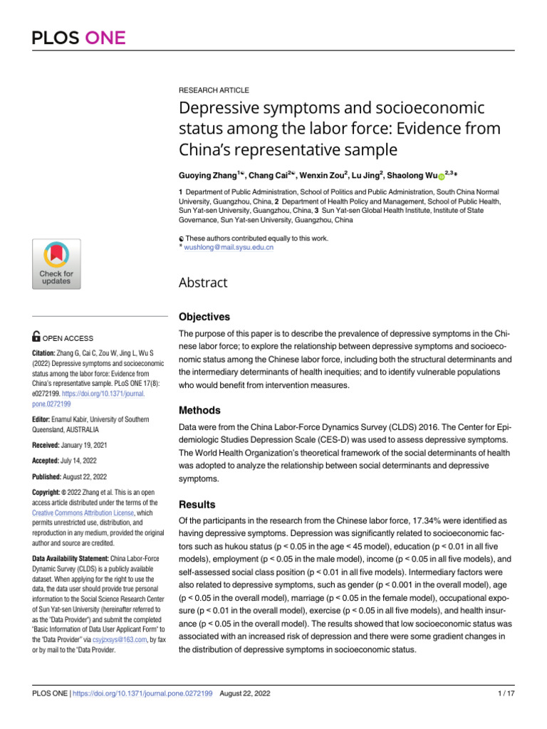 Depressive Symptoms and Socioeconomic Status Among | PDF | China ...
