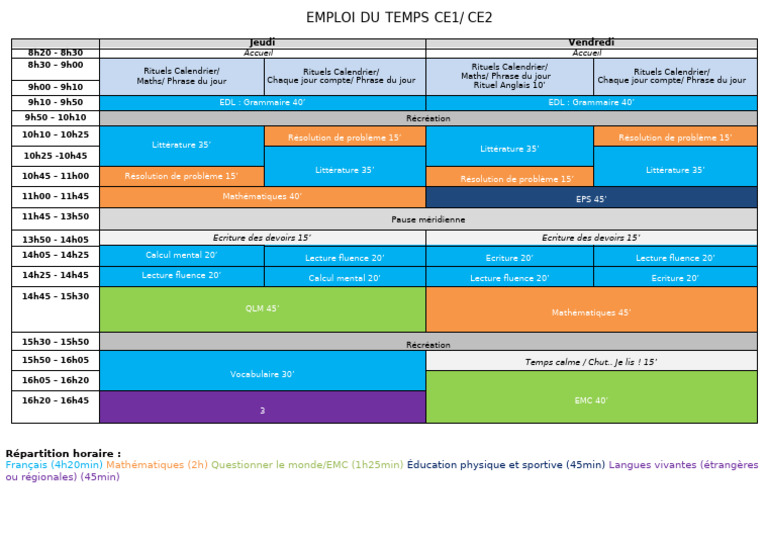 Emploi du temps CE1/CE2 | PDF | Linguistique