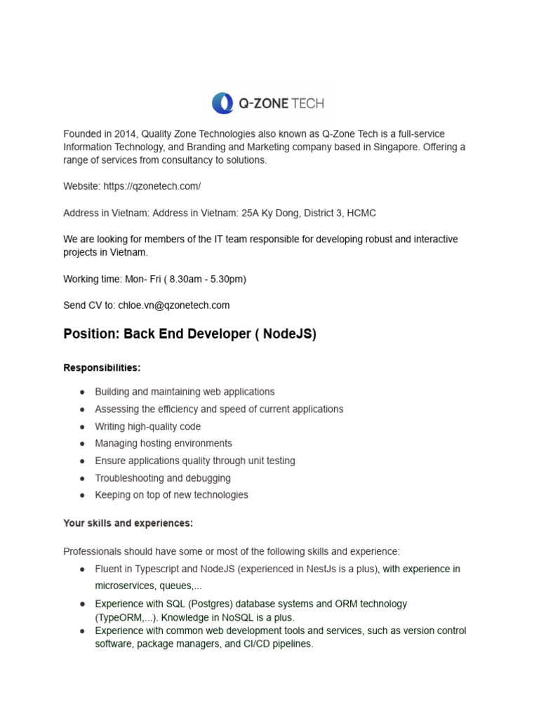 Back End Developer Position at Q-Zone Tech | PDF