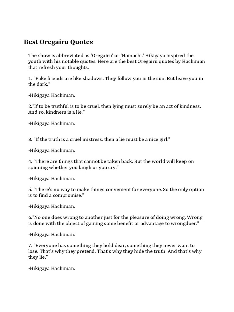 Quotes and Speech by Hachiman Hikigaya | PDF, image size:768x1024