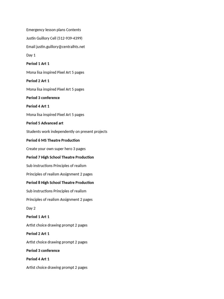 Emergency lesson plans Contents PDF