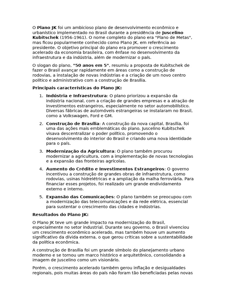 O Plano JK Foi Um Ambicioso Plano de Desenvolvimento Econômico e ...