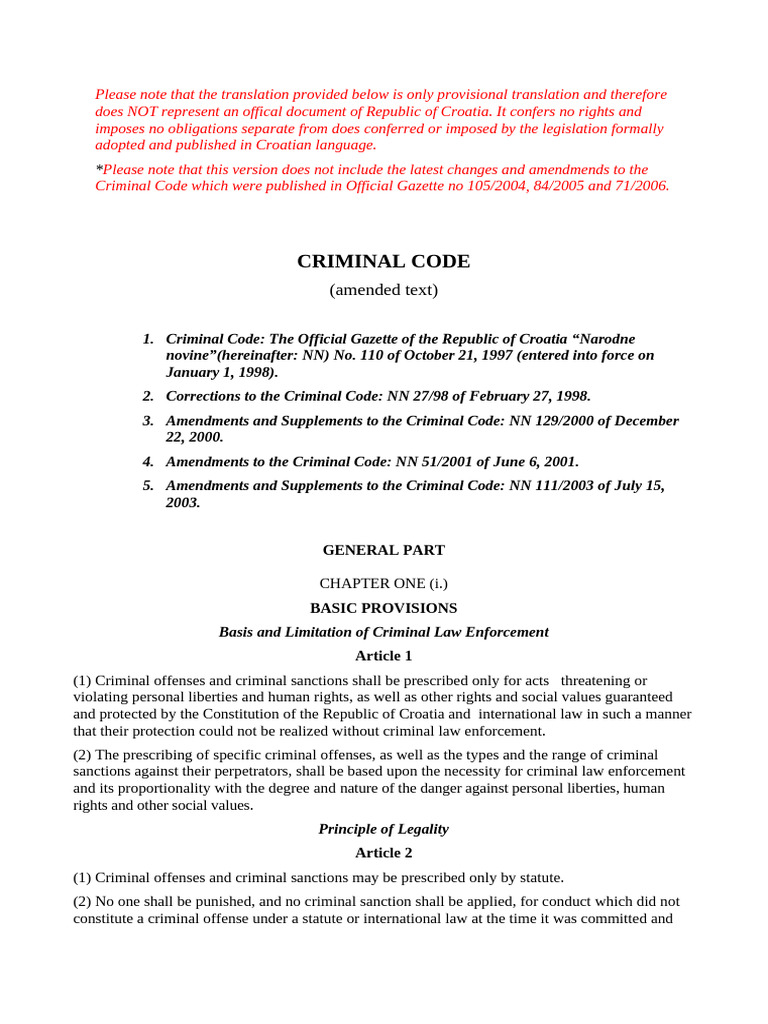 Croatia Criminal Code Overview | PDF | Aiding And Abetting | Fine (Penalty)
