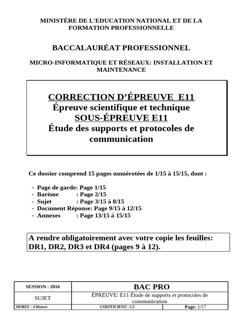 Bac Pro MRIM : Épreuve E11 2016 | PDF | Modèle OSI | Ethernet