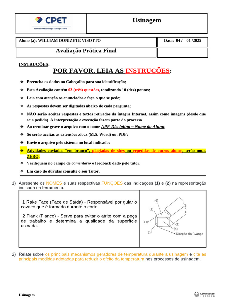 Avaliação Prática de Usinagem | PDF | Atrito | Calor